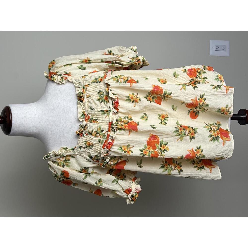 Elie Tahari Floral Ruffle Blouse Puff Sleeve Cotton Viscose Top Size Medium